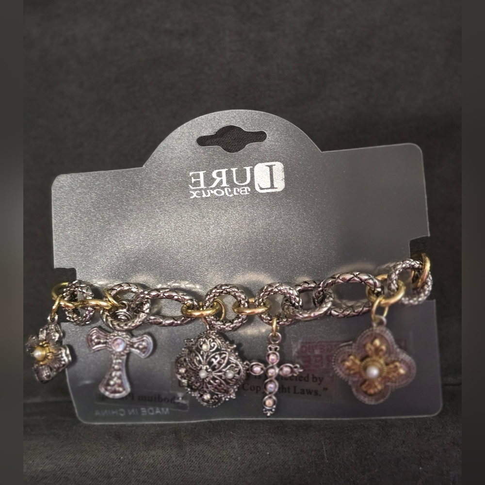 #0033 NWT 7.75" LURE Bijoux Cross Charm Bracelet Silver/Gold Rhodium Plated